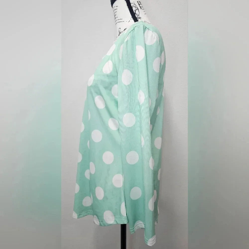 Lily by Firmiana Women's Green White Polkadot Long Sleeve V-Neck Blouse SZ M - Picture 5 of 12
